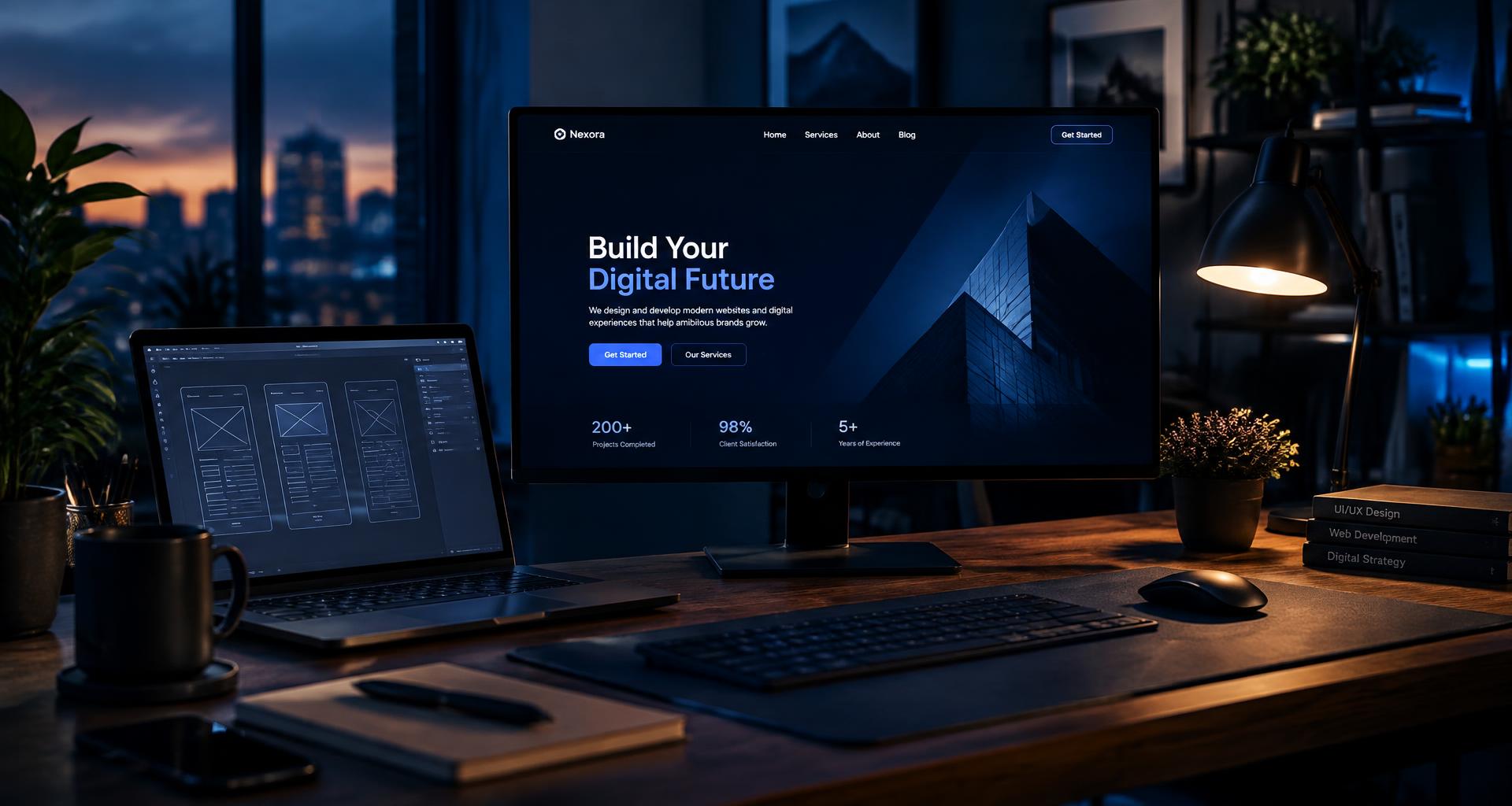 Werkplek van een webdesigner met een moderne bedrijfswebsite op het scherm